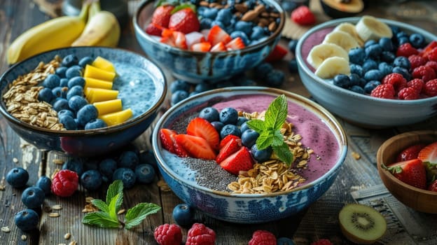 Wholesome Morning Delight - Vibrant Smoothie Bowls and Fresh Fruits on Rustic Table Setting..