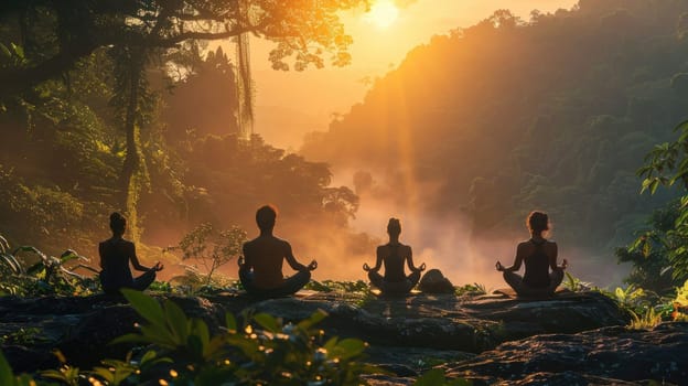 Serene Young Adults Meditating in a Vibrant Forest at Sunrise..