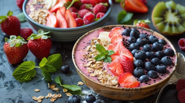 Rustic Morning Delight: Vibrant Smoothie Bowls and Fresh Fruit for a Healthy Breakfast Setup..