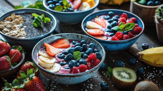 Morning Bliss: Vibrant Smoothie Bowls and Fresh Fruit Spread on Rustic Table for Healthy Breakfast Delight..