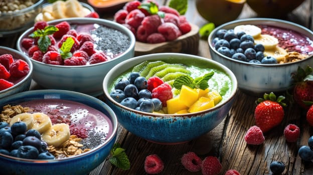 Fresh and Vibrant Healthy Breakfast with Colorful Smoothie Bowls and Fresh Fruits on a Rustic Wooden Table..