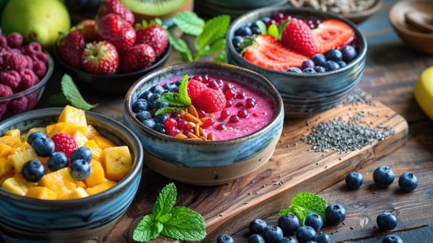 Nourishing Morning Delight - Fresh Smoothie Bowls and Fruit on Rustic Table..