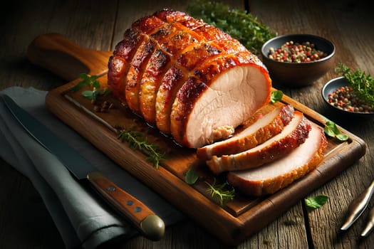sliced pork roast with a crispy, golden crust (buzhenina) on a wooden cutting board.
