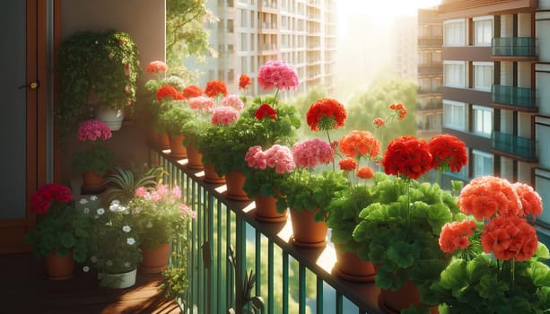 blooming geraniums with bright red and pink flowers on a balcony.