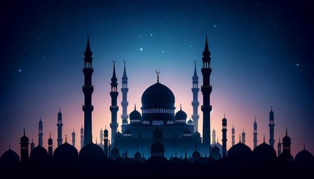 silhouettes of mosques with minarets against the background of the twilight starry sky.