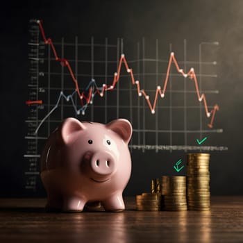Piggy bank and a diagram with an up arrow in the background. Financial growth. Accumulation. High quality photo