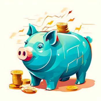 Piggy bank and a diagram with an up arrow in the background. Financial growth. Accumulation. High quality photo