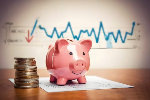 Piggy bank and a diagram with an up arrow in the background. Financial growth. Accumulation. High quality photo