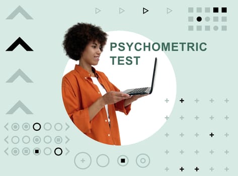 Psychometric test concept. Collage with young woman holding a laptop.