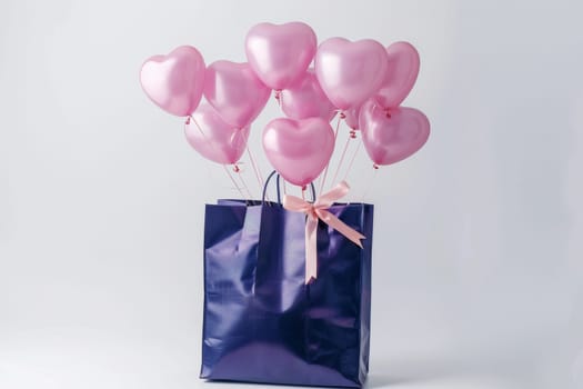 A purple shopping bag with pink balloons is on the sidewalk. The balloons are scattered around the bag, creating a festive and joyful atmosphere. The scene suggests a celebration or a special occasion