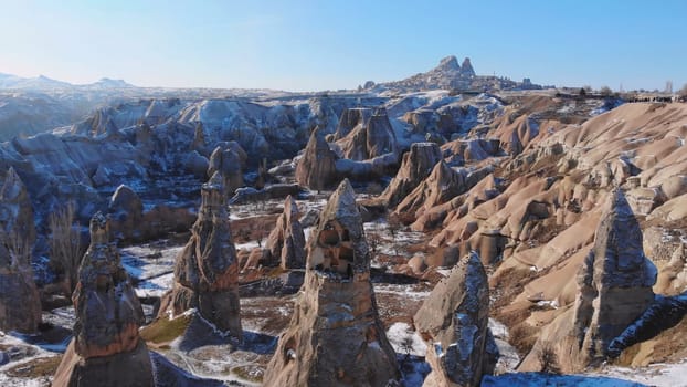 Panoramic view of fairy chimneys in Goreme Historical National Park. Goreme National Park and Rock Sites of Cappadocia, Central Anatolia, Nevsehir Province, Turkey. drone view. Ariel from above, top