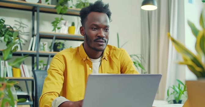 Modern young african man sitting at desk and working at the laptop at home, black male freelancer or office worker