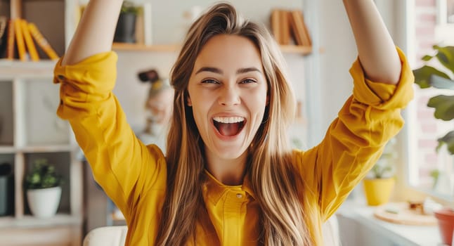 Happy overjoyed laughing woman celebrating success raising her hands up while working on laptop sitting at home office