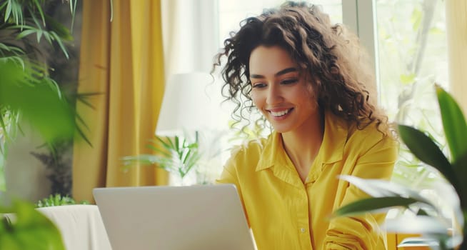 Happy modern young woman sitting at desk and working at the laptop at home with green plants, female freelancer or student