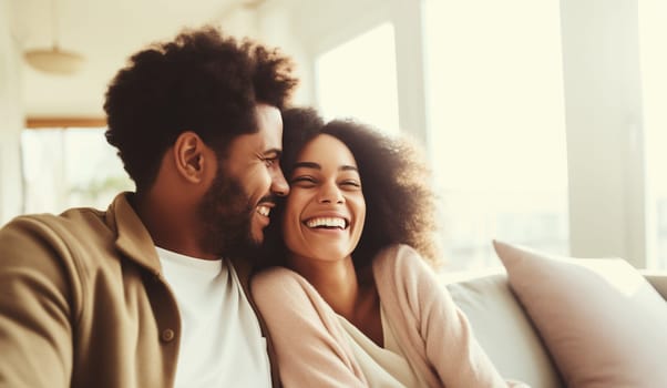 Portrait of happy smiling african young couple hugging, cheerful black woman and man sitting on sofa at home together