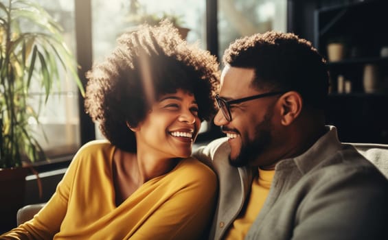 Portrait of happy smiling african young couple hugging, cheerful black woman and man sitting on sofa at home together