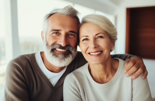 Portrait of happy smiling mature couple hugging, elderly woman and man sitting on sofa at home together