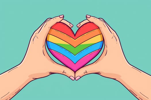 Rainbow heart in hands love and happiness on blue background for travel and wellness concept