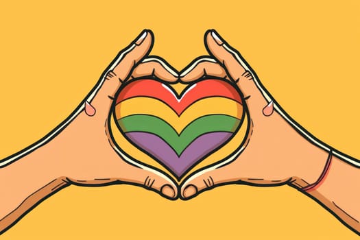 Heart symbol of love and unity with rainbow heart on yellow background, concept of inclusivity and diversity
