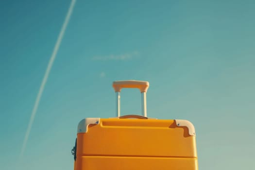 Travel essentials stylish suitcase in front of a clear blue sky with a jet plane in background