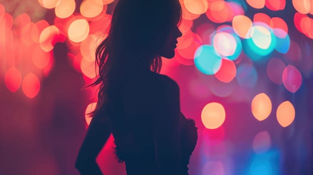 Silhouette of a woman in front of colorful bokeh lights, travel and beauty theme