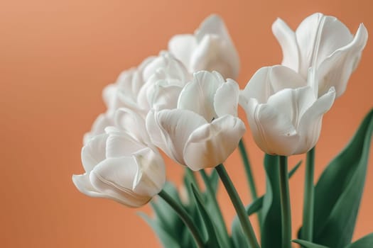 Orange background with elegant white tulips blooming in 3d style floral beauty concept art decor