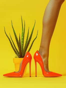 Stylish red high heels and cactus plant on yellow background, fashion and beauty concept