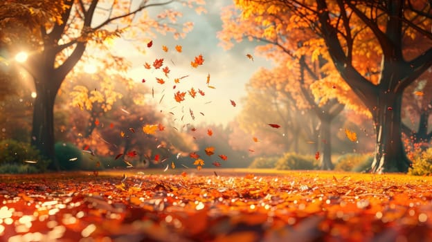 Tranquil Fall Splendor: Beautiful Autumn Leaves Descending in a Peaceful Park Setting..