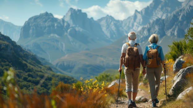 Active Senior Couple Enjoying a Picturesque Mountain Hike Together..