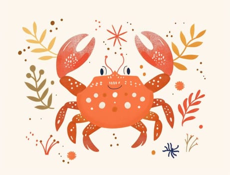 Colorful crab with floral decor on beige background tropical nature and beauty concept illustration