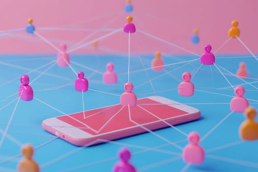 A group of people are connected by a network of strings. The people are of different colors and sizes. Concept of a diverse group of people coming together and forming a strong bond