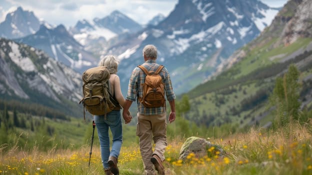 Enjoying the Great Outdoors: Active Senior Couple Trekking through Scenic Mountains..