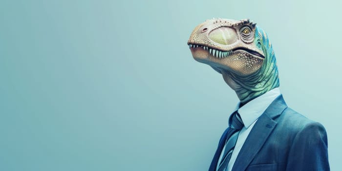 Dinosaur in business attire on blue background with copy space for travel and fashion concept