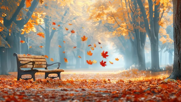 Tranquil Autumn Scene: Serene Park with Falling Seasonal Leaves..
