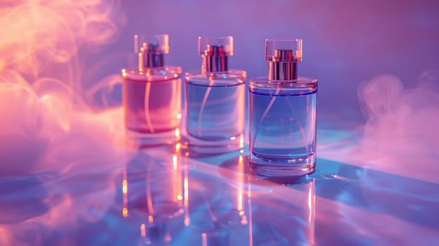 Two bottles of cologne are displayed on a table, one of which is blue and the other is orange. The bottles are placed next to each other, creating a sense of contrast and harmony