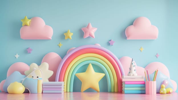 A colorful rainbow with stars and clouds in the background. The rainbow is surrounded by various items such as books, cups, and a box. Scene is cheerful and playful, with the rainbow