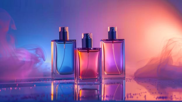 Two bottles of cologne are displayed on a table, one of which is blue and the other is orange. The bottles are placed next to each other, creating a sense of contrast and harmony