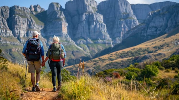 Outdoorsy Seniors Exploring Majestic Mountains: Happy Elderly Couple Hiking Amidst Nature's Beauty..