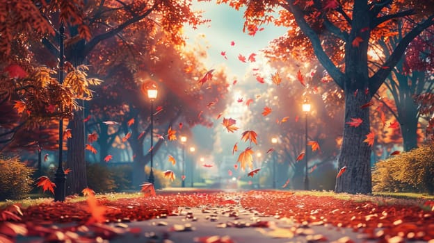 Tranquil Autumn Beauty: Scenic Park with Falling Leaves..