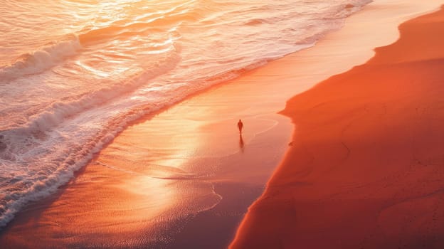 Serene Sunset Stroll: Minimalist Beach Scene with Solitary Figure Walking at Dusk..