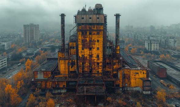 Abandoned factory in the city center. Selective focus.