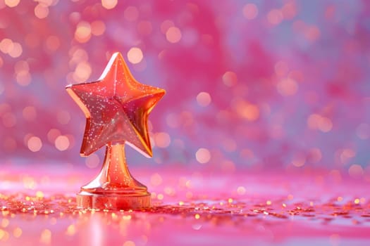 A gold star is sitting on a pink background. The star is surrounded by glitter, giving it a festive and celebratory feel