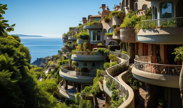 House on Cliff Overlooking Water. Selective focus.