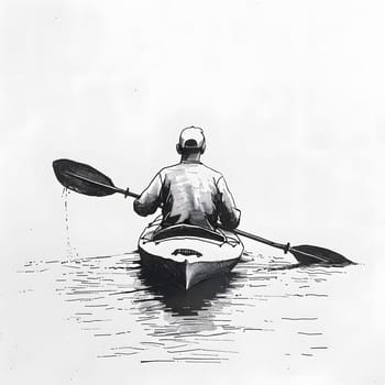 A monochromatic illustration depicting a man paddling a kayak on a serene lake. The watercraft glides gracefully across the water, showcasing a peaceful recreational activity