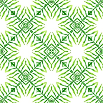 Ikat repeating swimwear design. Green breathtaking boho chic summer design. Textile ready resplendent print, swimwear fabric, wallpaper, wrapping. Watercolor ikat repeating tile border.