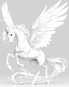 Coloring book for kids, animal coloring, pegasus, unicorn. Selective focus.