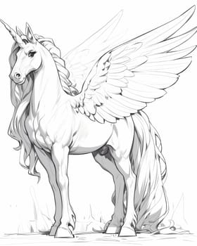 Coloring book for kids, animal coloring, pegasus, unicorn. Selective focus.