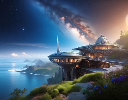 A futuristic scientific building on a coastal cliff with the Milky Galaxy in the sky.