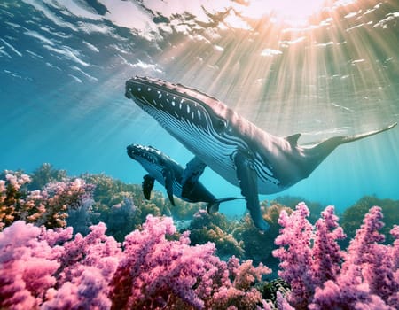 Mother Humpback whale escorts her calf above a coral reef in the warm waters of the Hawaiian Islands.