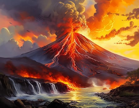 A volcano erupts with red hot molten lava with billowing clouds of smoke and fire.